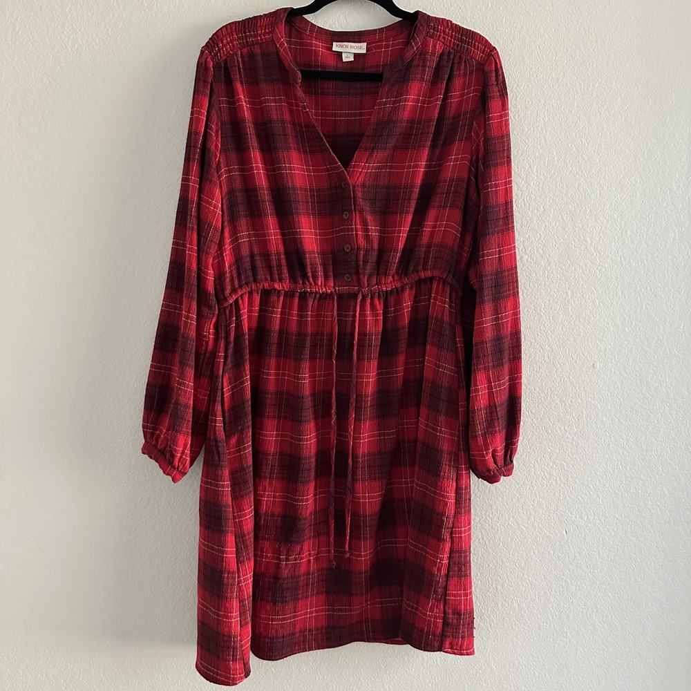 Knox Rose Plaid Mini Dress Womens Large Red Black Long Sleeve Button V-Neck Boho
